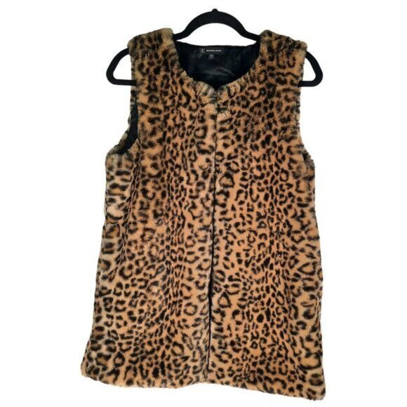 Inc Faux Fur Long Vest Women's Animal Print Leopard Tan Black - Picture 12 of 12